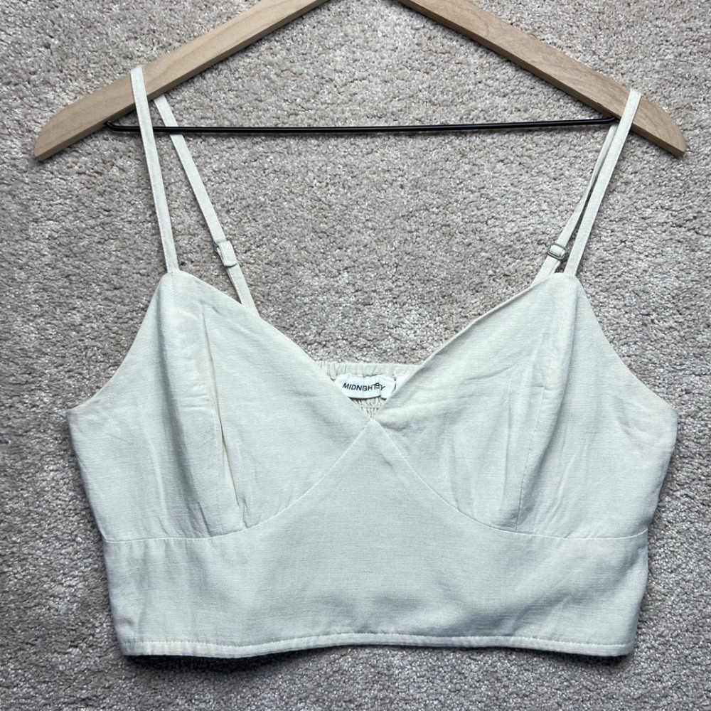 MIDNIGHTSKY Smocked Crop Top Cream Spaghetti Strap Linen Blend Boho Cottage L